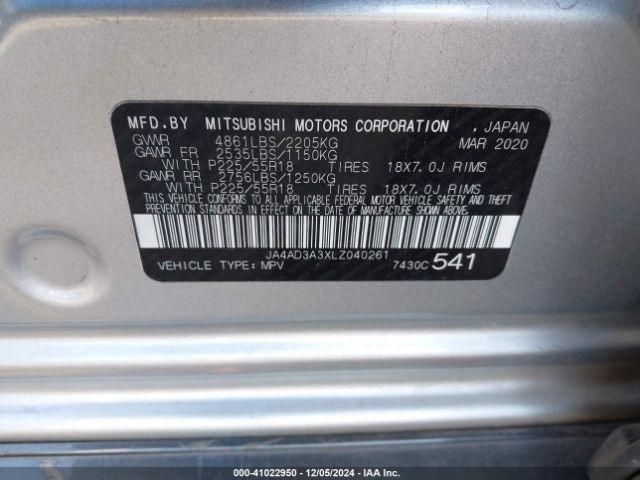 2020 MITSUBISHI OUTLANDER JA4AD3A3XLZ040261 Photo 8