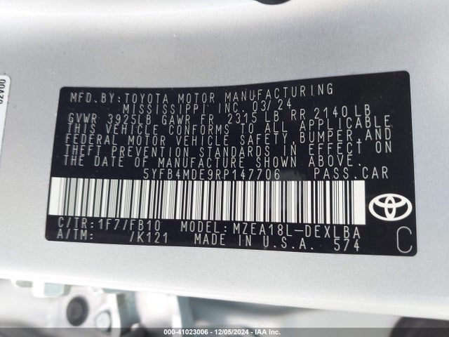 Toyota COROLLA LE 2024 5YFB4MDE9RP147706 Image 9