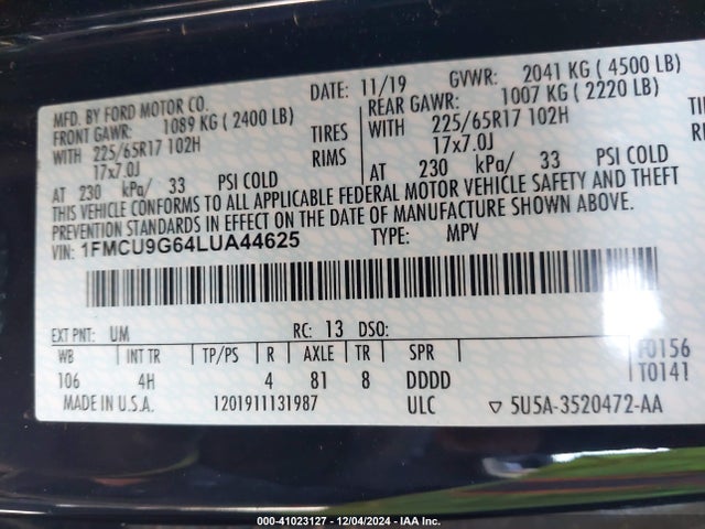 Ford ESCAPE SE 2020 1FMCU9G64LUA44625 Image 9