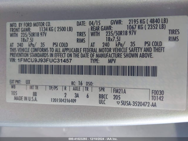 1FMCU9J93FUC31457 Ford Escape Titanium