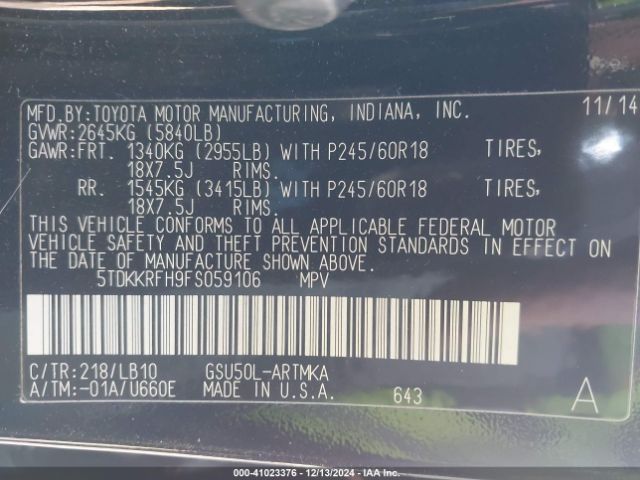 5TDKKRFH9FS059106 Toyota Highlander Xle V6