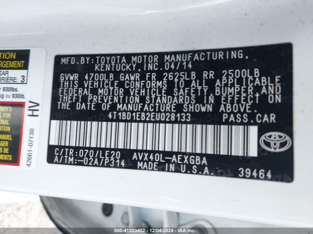 4T1BD1EB2EU028133 Toyota Avalon Hybrid Xle Touring