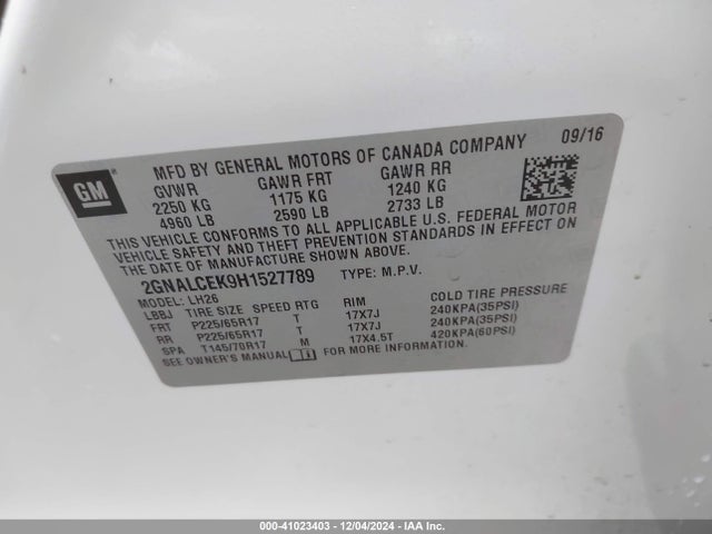 Chevrolet EQUINOX LT 2017 2GNALCEK9H1527789 Image 9