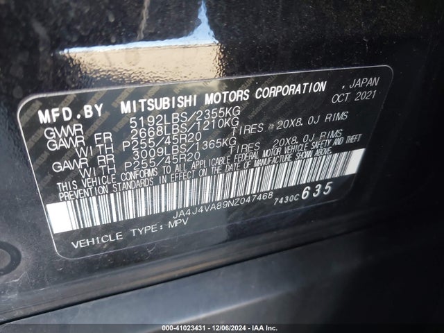 JA4J4VA89NZ047468 Mitsubishi Outlander Sel 2.5 /sel Launch Edition /sel Special Edition