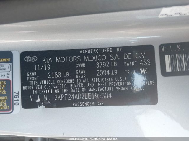 3KPF24AD2LE195334 KIA Forte Lxs