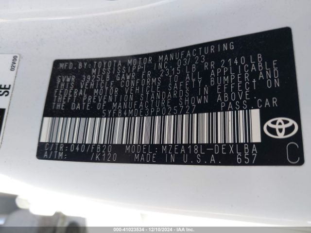 5YFB4MDE3PP025727 Toyota COROLLA LE