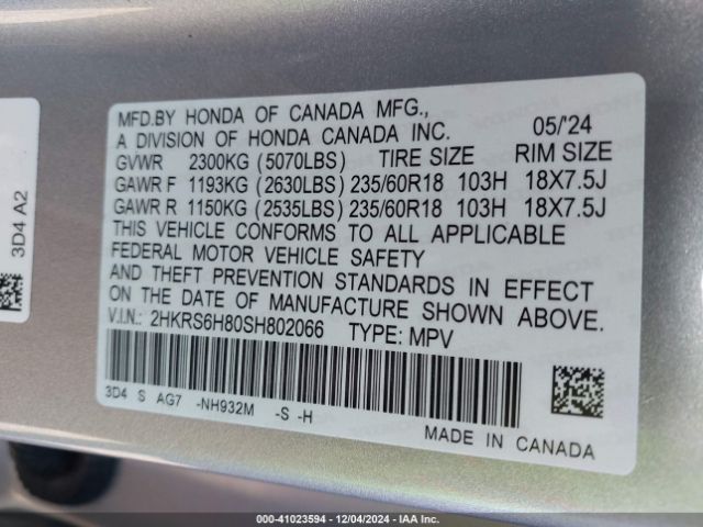 2HKRS6H80SH802066 Honda Cr-v Hybrid Sport-l