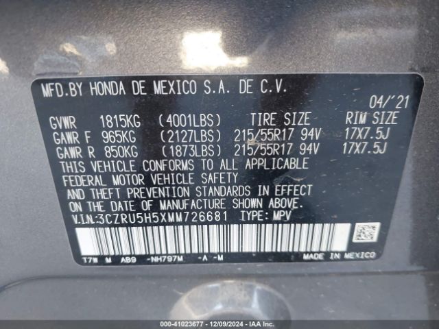 3CZRU5H5XMM726681 Honda Hr-v 2wd Ex