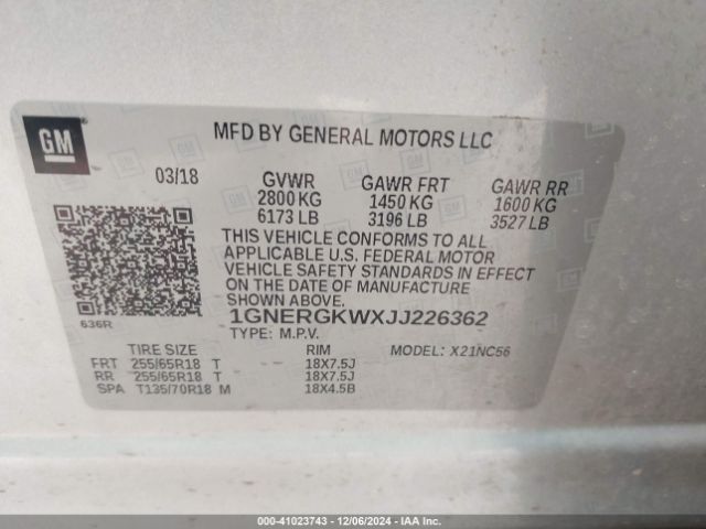 1GNERGKWXJJ226362 Chevrolet Traverse 1lt