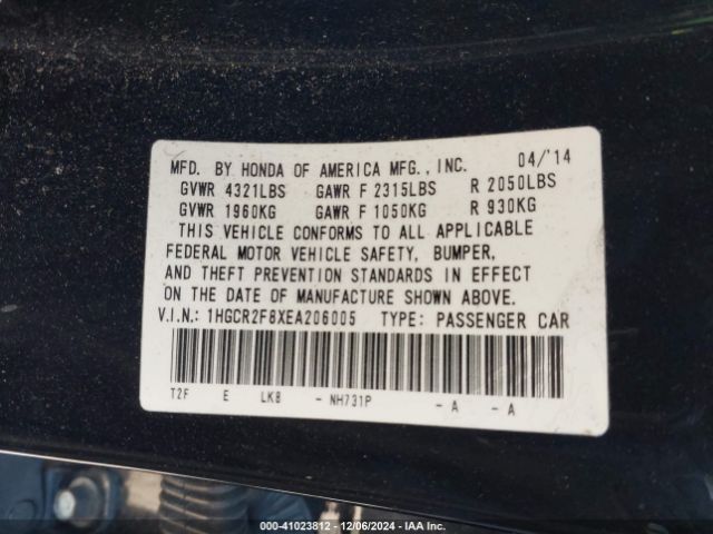 1HGCR2F8XEA206005 Honda Accord Ex-l