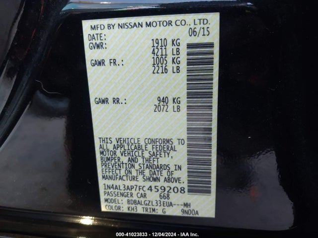 Nissan Altima 2.5 S 2015 1N4AL3AP7FC459208 Image 9