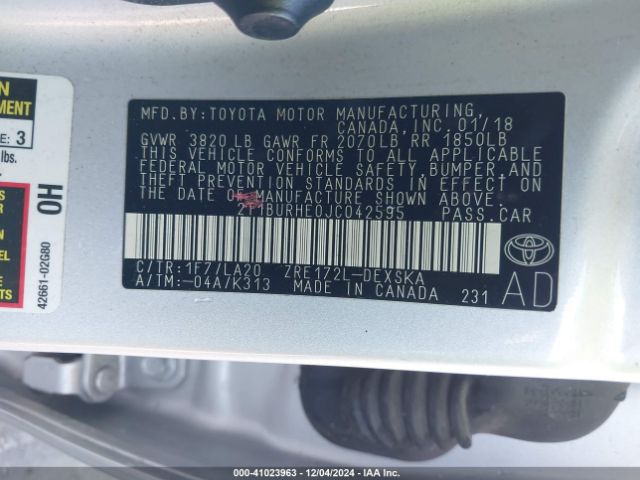 2T1BURHE0JC042595 Toyota Corolla Xse