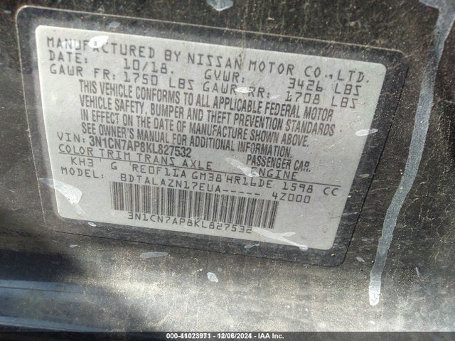 3N1CN7AP8KL827532 Nissan Versa 1.6 S+