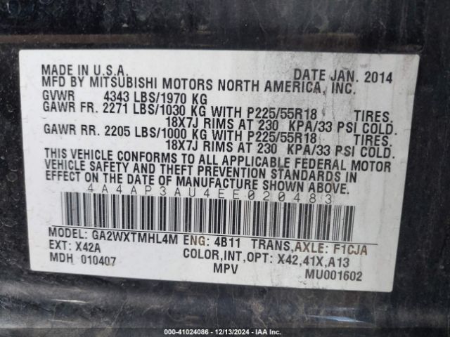 4A4AP3AU4EE020483 Mitsubishi Outlander Sport Es