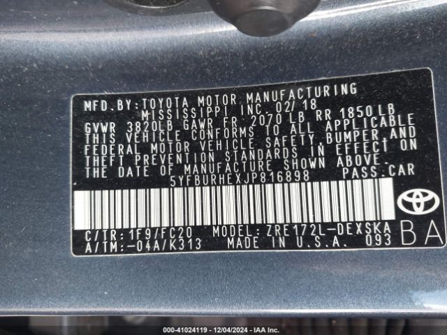 5YFBURHEXJP816898 Toyota COROLLA SE