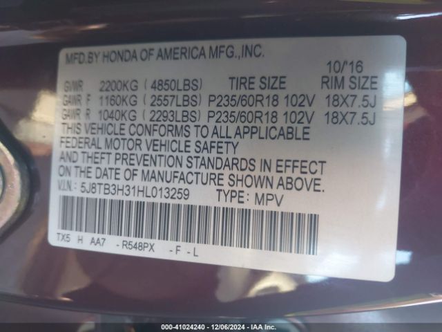 5J8TB3H31HL013259 Acura Rdx Acurawatch Plus Package