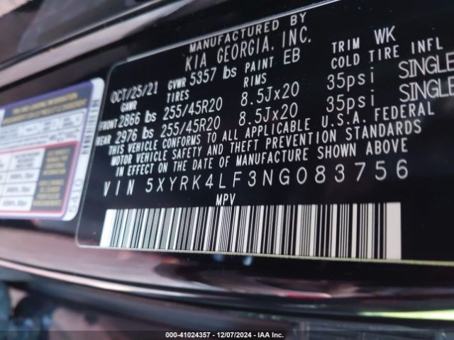 5XYRK4LF3NG083756 KIA Sorento Sx Prestige