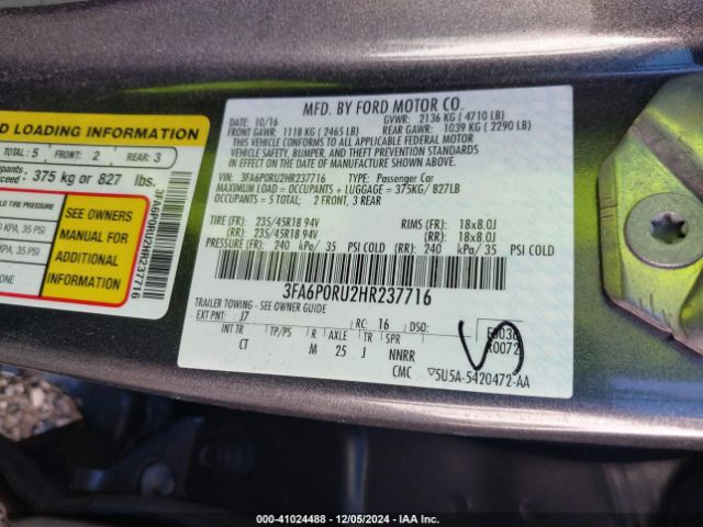 3FA6P0RU2HR237716 Ford Fusion Hybrid Titanium