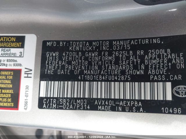 4T1BD1EB4FU042875 Toyota Avalon Hybrid Limited