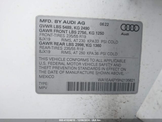 WA1EAAFY9N2135621 Audi Q5 Premium Plus 45 Tfsi S Line Quattro S Tronic