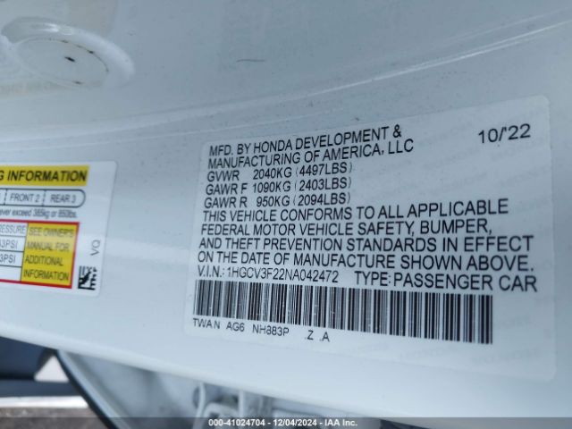 1HGCV3F22NA042472 Honda Accord Hybrid Sport