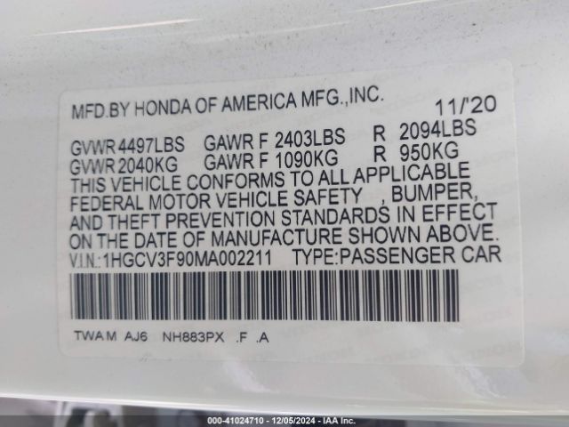 1HGCV3F90MA002211 Honda Accord Hybrid Touring