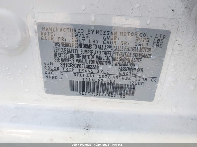 3N1CE2CP6EL402380 Nissan Versa Note Sv