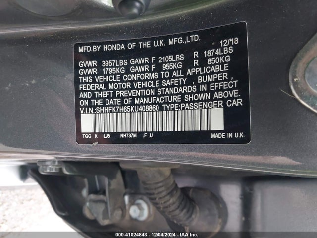 Honda CIVIC EX 2019 SHHFK7H65KU408860 Image 9