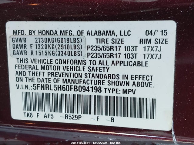 Honda Odyssey Ex-l 2015 5FNRL5H60FB094198 Image 9