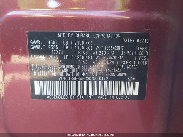 4S4BSAHC3K3336472 Subaru Outback 2.5i Premium