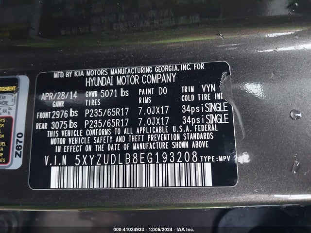 5XYZUDLB8EG193208 Hyundai Santa Fe Sport 2.4l