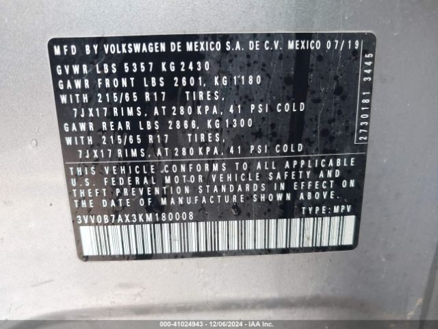 3VV0B7AX3KM180008 Volkswagen Tiguan 2.0t S