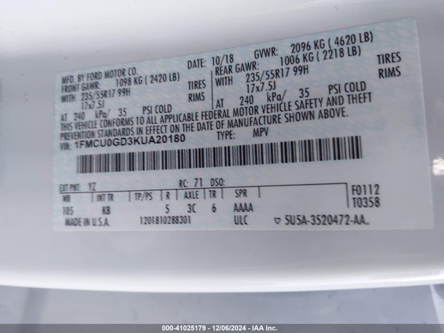 1FMCU0GD3KUA20180 Ford ESCAPE SE