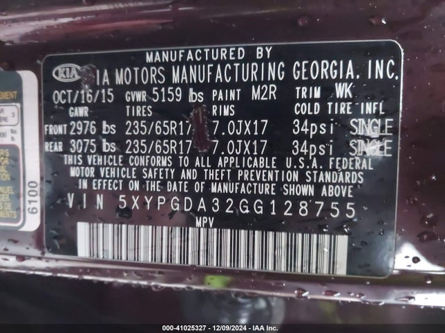 5XYPGDA32GG128755 KIA Sorento 2.4l Lx