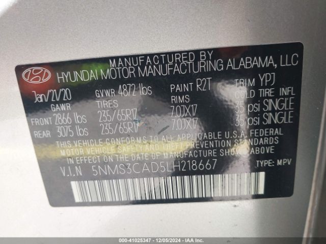 5NMS3CAD5LH218667 Hyundai Santa Fe Sel