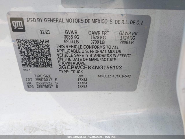 3GCPWCEK4NG156103 Chevrolet Silverado 1500 Ltd 2wd  Short Bed Lt