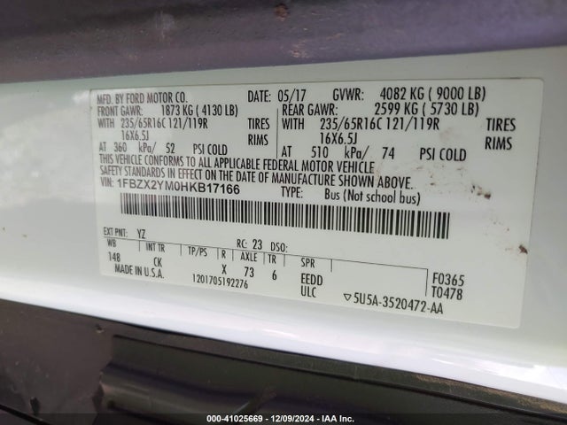 1FBZX2YM0HKB17166 Ford Transit-350 Xlt