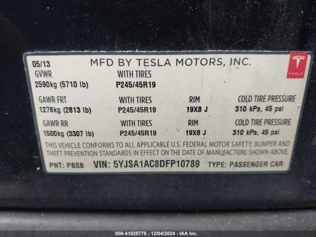 2013 TESLA MODEL S 5YJSA1AC8DFP10789 Photo 8