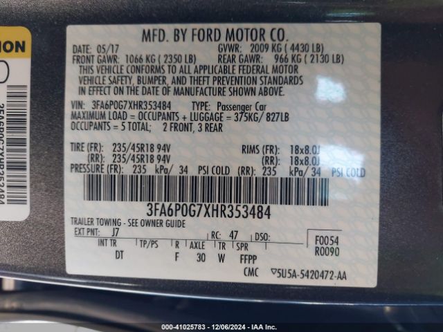 3FA6P0G7XHR353484 Ford FUSION S