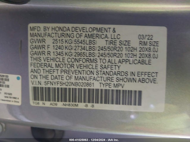 Honda Pilot 2wd Special Edition 2022 5FNYF5H20NB020861 Image 9