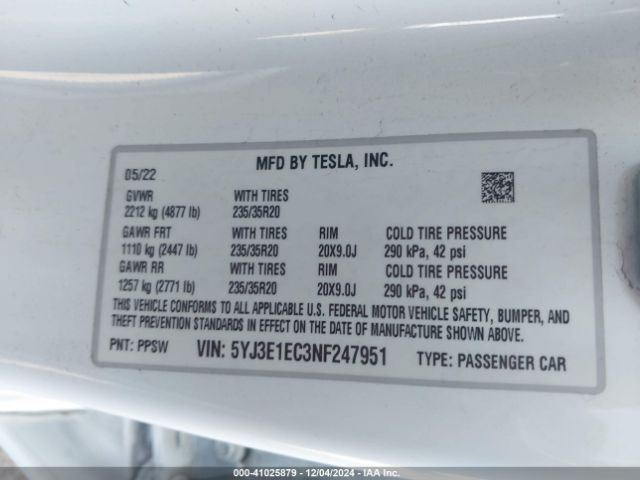 5YJ3E1EC3NF247951 Tesla Model 3 Performance Dual Motor All-wheel Drive
