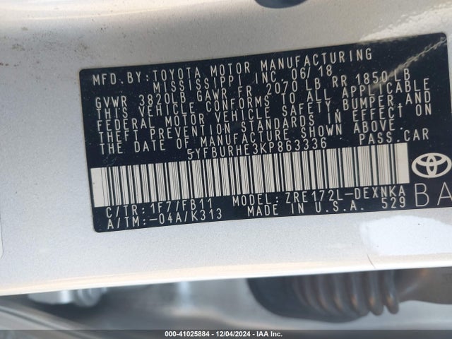 Продаж на аукціоні авто 2019 Toyota Corolla Le, vin: 5YFBURHE3KP863336, номер лоту: 41025884
