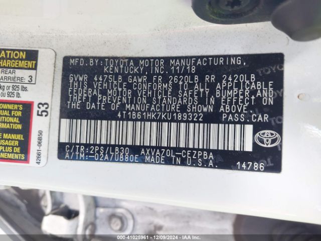 4T1B61HK7KU189322 Toyota CAMRY XSE