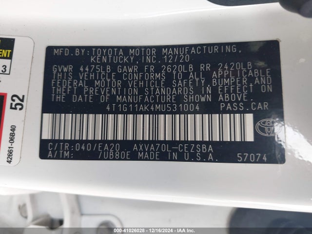 Toyota CAMRY SE 2021 4T1G11AK4MU531004 Image 9
