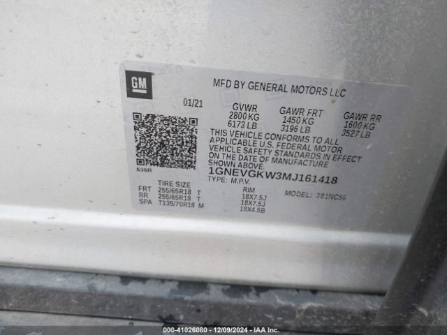 1GNEVGKW3MJ161418 Chevrolet Traverse Awd Lt Cloth