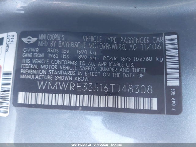 2006 MINI COOPER S WMWRE33516TJ48308 Photo 8