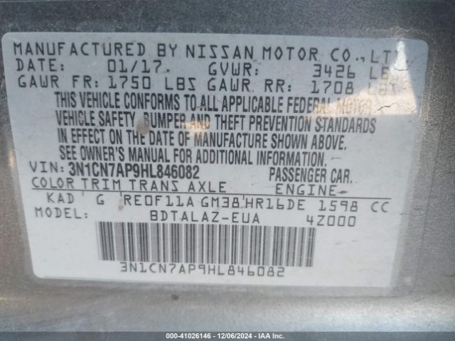 3N1CN7AP9HL846082 Nissan Versa 1.6 S+