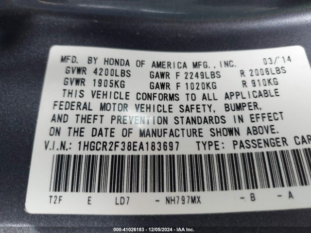 Honda ACCORD LX 2014 1HGCR2F38EA183697 Image 9