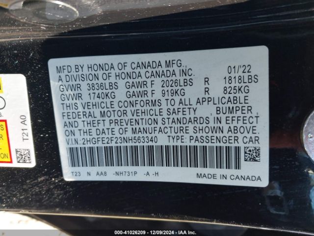 2HGFE2F23NH563340 Honda Civic Lx