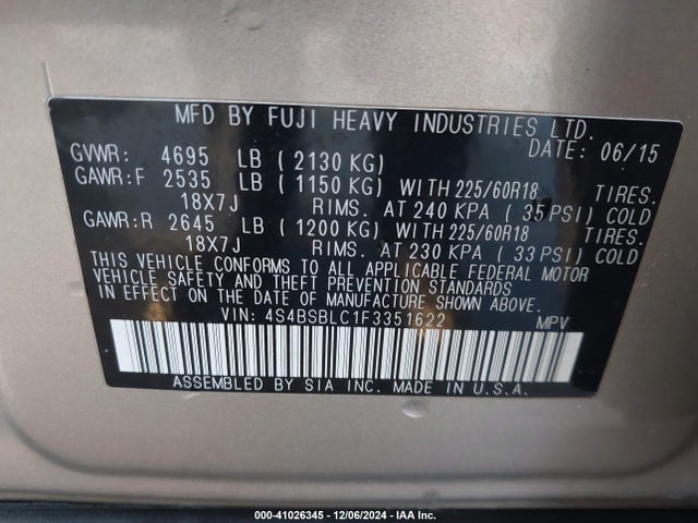 Subaru Outback 2.5i Limited 2015 4S4BSBLC1F3351622 Image 9
